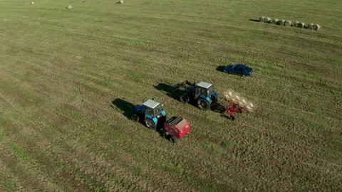 Low flight over evenly laid rows of hay. Tractors are waiting for work Stockbeeldmateriaal 141675327