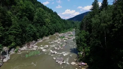 Low flight over mountain river in Carpathians Video stock 114179731