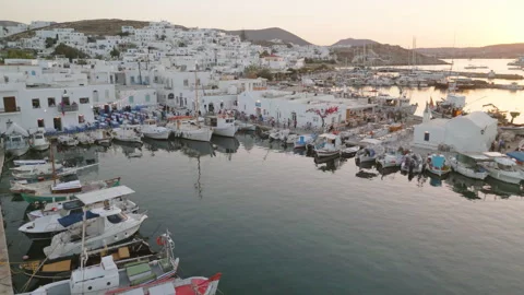 Low flight over Naoussa Harbor at sunset, Paros, Greece Video stock 289607372