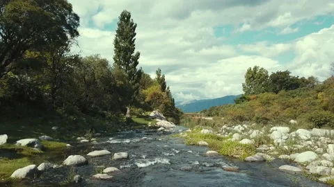 Low flight over a river with vegetation and mountains on the horizon Stock Footage 159571680