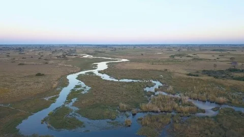 Low flight over shallow meandering river in flat wetland Stock Footage 80866658