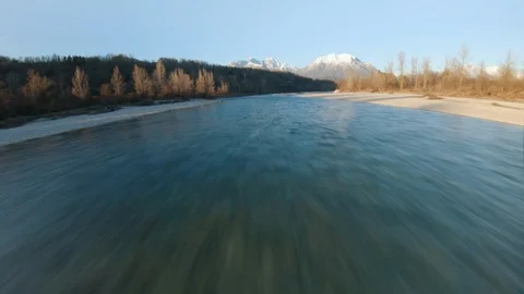 Low Flight on a River with a Drone. Proximity Aerial Flight Over the Water Stock Footage 103581882