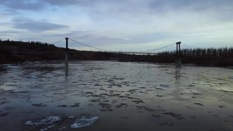 Low Fly to Terwillegar Bridge Over North Saskatchewan River With Ice Breaking Stock Footage 152669988
