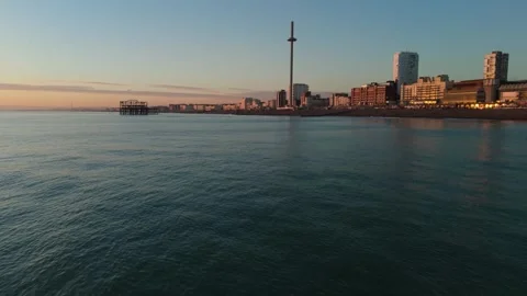 Low fly towards Brighton Beach, aerial drone footage 4k Stock Footage 297643100