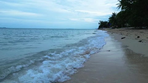 Low Flying Drone Along Sandy Beach Shoreline with Waves and Beach Debris Koh Stock Footage 339396134