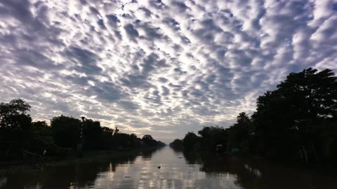 Low flying drone footage over calm waterway reflecting cloudy sky Stock-Footage 342924394