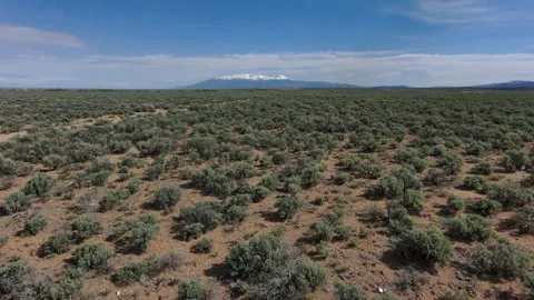 Low flying drone  over sage brush with snow capped peak Stock Footage 154523343