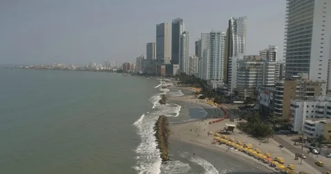 Low Flying Drone Shot of the Beach in Bocagrande Cartagena Stock Footage 107009342