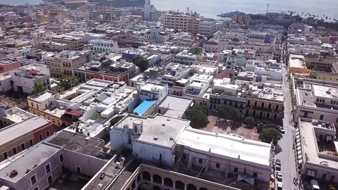 Low flyover of the old section of San Juan, Puerto Rico. Stock Footage 83960344