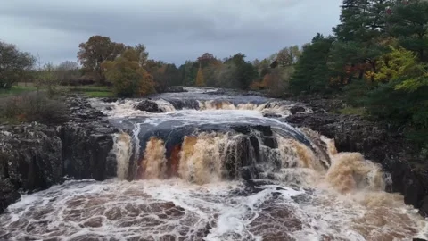 Low Force waterfall Teesdale, Durham, England, autumnal drone footage Stock-Footage 264092907