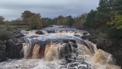 Low Force waterfall Teesdale, Durham, England, autumnal drone footage Stock-Footage 264092988