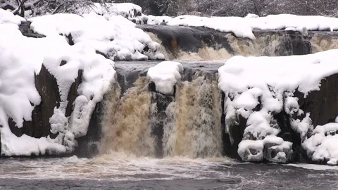 Low Force Waterfall in Winter Teesdale County Durham Stock Footage 115181102