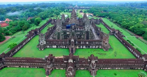 Low forward aerial towards Angkor wat Stock Footage