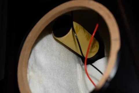 Low-frequency phaser inside the speaker system. We're taking apart the speake Stock Photos