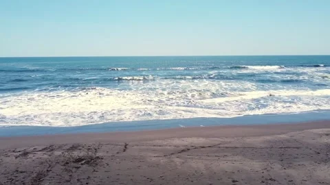 Low-Grass Flight over Volcanic Sand Beach and Waves Stock Footage 293882118