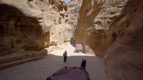  Low to High angle view of horse, carriage and tourists  in Petra Jordan Stock-Footage 103522496
