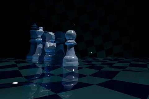 Low key 3d render of chess pieces lined up on shiny, wavy chess board Illustrazione stock