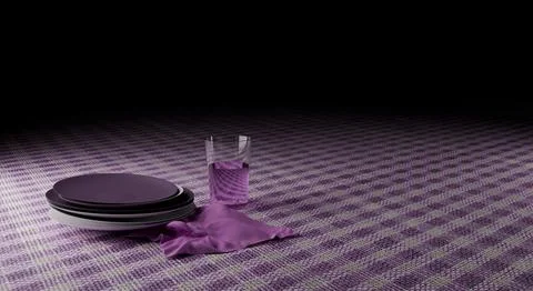 Low key 3d render of table setting with flatware and gingham napkin Stock Illustration