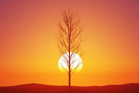 Low key image of leafless tree illuminated from behind by the sun. Illustrati Stock Illustration