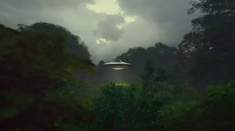 Low key image of UFO hovering over a forest at night. 3d rendering Stock Illustration