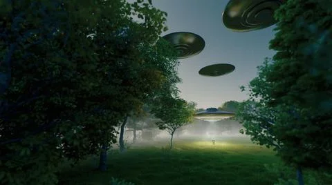 Low key image of UFO hovering over a forest at night. 3d rendering Illustrazione stock