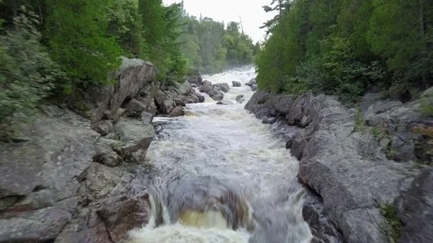 Low level aerial drone shot of raging river in a forest Video stock 79608885