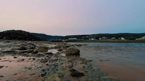 Low Level Forward Moving Shot Of Harbor At Low Tide With Blue Skies White Clouds Stock Footage 255335691