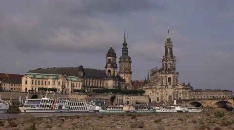 Low Level Ground View Elbe River Beach Dresden Skyline Spectacular Architecture Stock Footage 43010680