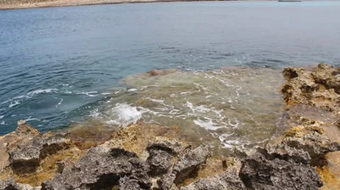 Low Level Shot, Sandy Rocky Rocks Seaweed With Slow Waves Moving Swuling Stock Footage 34256247