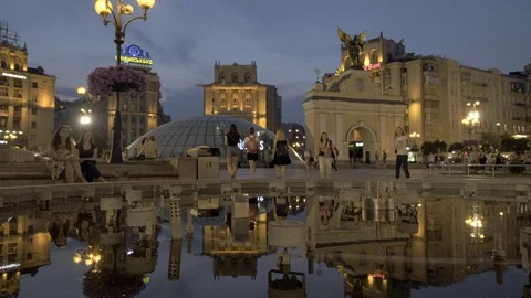 Low level slide shot past fountain in Independence Square Kiev Stock Footage 93123580
