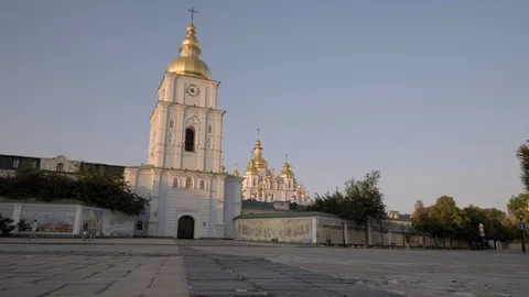 Low level slide shot past St. Michael's Golden-Domed Monastery Stock Footage 93124123
