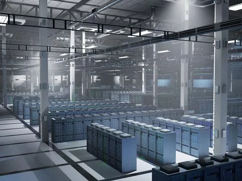 Low light data center running advanced AI models and neural network processes Stock Illustration