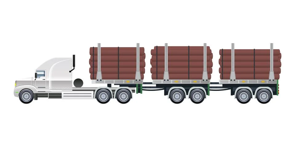 Low Loader Semi Trailer Logging Truck Loaded with Freshly Cut Logs Stock Illustration