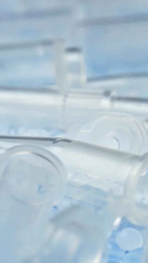 Low macro shows clear microtubes and polymer granules rotating for laboratory Stock Footage 347049865