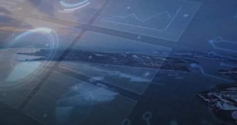 Low mist rising causing HUD panels fading in, charts drawing data, visualizing Video stock 311050562