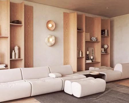 Low modular sofa in scandinavian minimalism wabi sabi living room with wooden Illustrazione stock