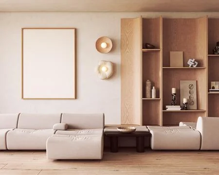 Low modular sofa in wabi sabi japandi scandinavian living room mockup template Illustrazione stock