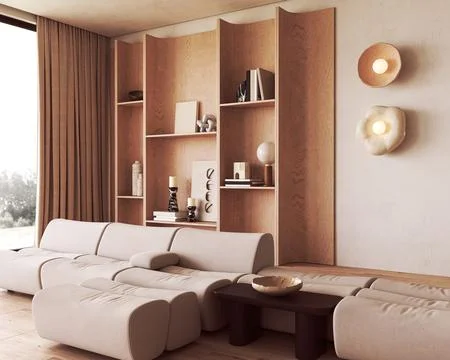 Low modular sofa in wabi sabi japandi living room with wooden cabinet Stock-Illustration