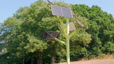 Low Orbit Aerial Shot of Multi-Angle Solar Tree, Southampton Science Park Stock Footage 340603766