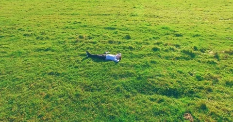 Low orbital flight around man on green grass with notebook pad at yellow rural Stock Footage 115086445