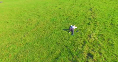 Low orbital flight around man on green grass with notebook pad at yellow rural Stock Footage 275873203