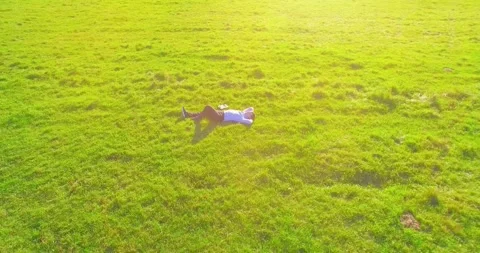 Low orbital flight around man on green grass with notebook pad at yellow rural Stock Footage 294422645