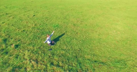 Low orbital flight around man on green grass with notebook pad at yellow rural Stock Footage 310717287