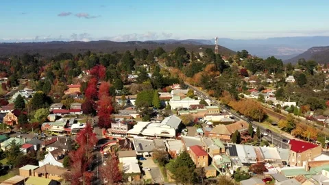 Low panning over trees and streets in Blackheath town Blue Mountains Australia. Stock Footage 280174303