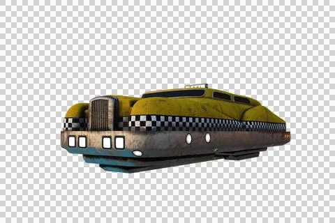 Low perspective 3D rendering of a futuristic flying yellow taxi cab isolated  Stock Illustration