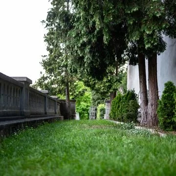 Low perspective from the grass on an old ornate stone balustrade Foto stock