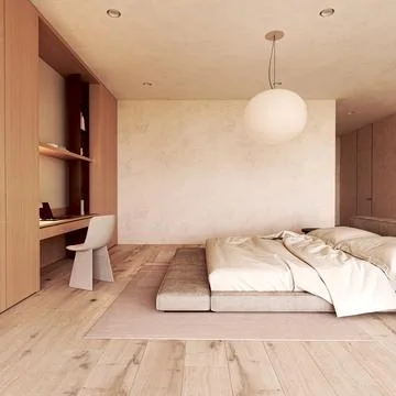 Low platform bed in a sunlit japandi bedroom with empty wall mockup template Stock Illustration