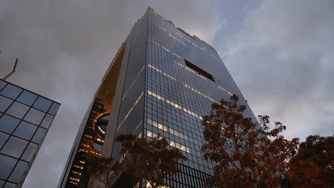 Low point view shot of light up skyscraper with trees and sky in back, Osaka Stock Footage 146145372