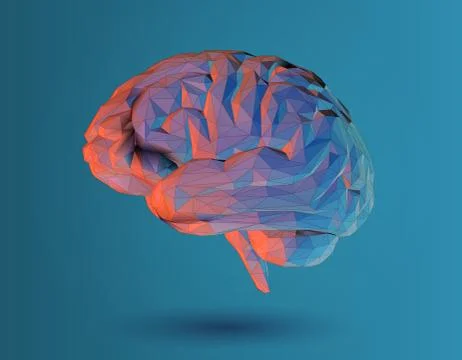 Low poly 3D brain illustration on blue background Illustrazione stock