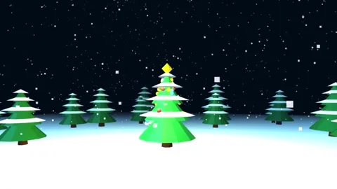Low poly 3D Christmas tree with decorations in a snowy pine forest with fal.. Stock Footage 342338148